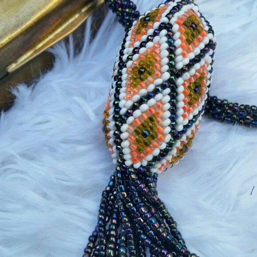 Vintage Artisan Geometric Seed Bead Long Statement Orb Tassel Necklace
